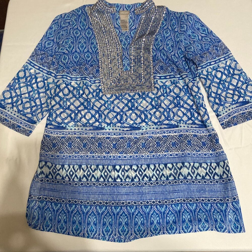 Chico's Mixed Print Embellished Beads Tunic 570291023 Blue Shirt